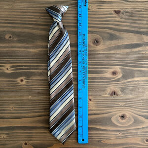 Bergamo New York Boys Brown Blue Beige Striped Clip-On Tie Handmade Pre-Tied 15